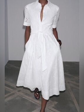 ZARA Embroidered Classic Eyelet Shirt Dress Tie-Waist Midi. White. L NWT